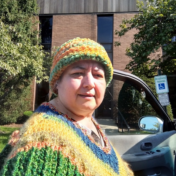 Multicolor crochet poncho w/ hat, crochet poncho - Picture 7 of 8